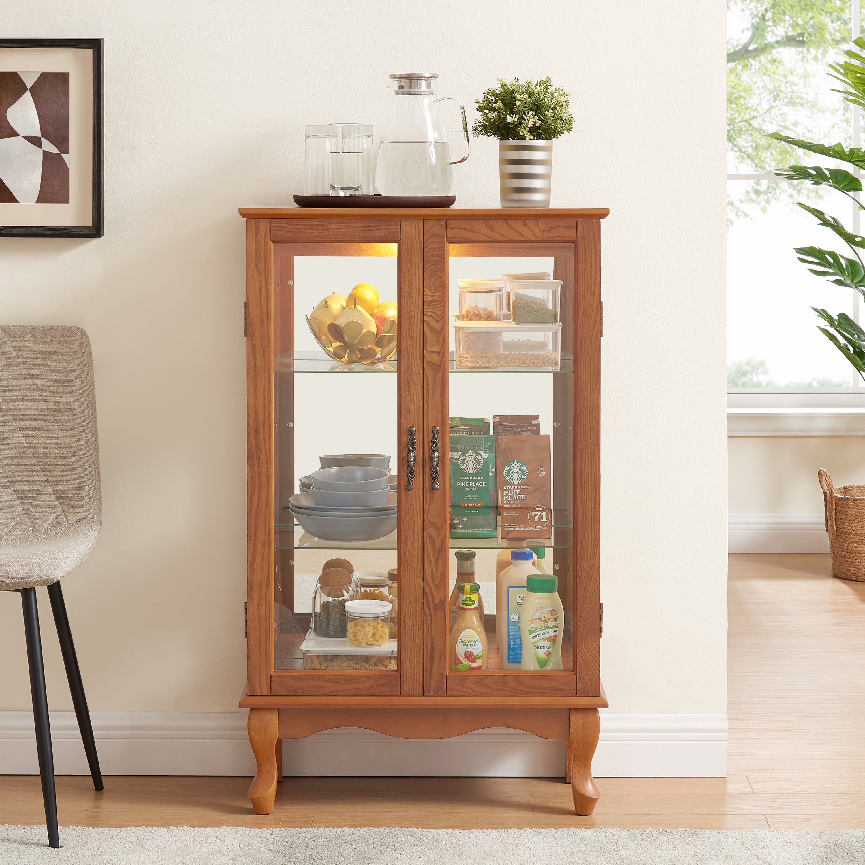 2 Doors Curio Cabinet with Tempered Glass Doors, Curio Cabinets with Mirrored Back Panel and Adjustable Shelves, Lighted Display Cabinet for Home, Office Light Bulb Included Oak - Grand Goldman Shop
