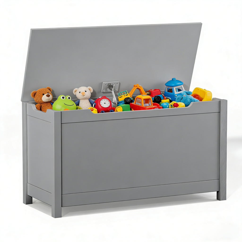 Kids Wooden Toy Box Storage with Safety Hinged Lid for Ages 2+ (Gray) | Premium Home Decor - Grand Goldman