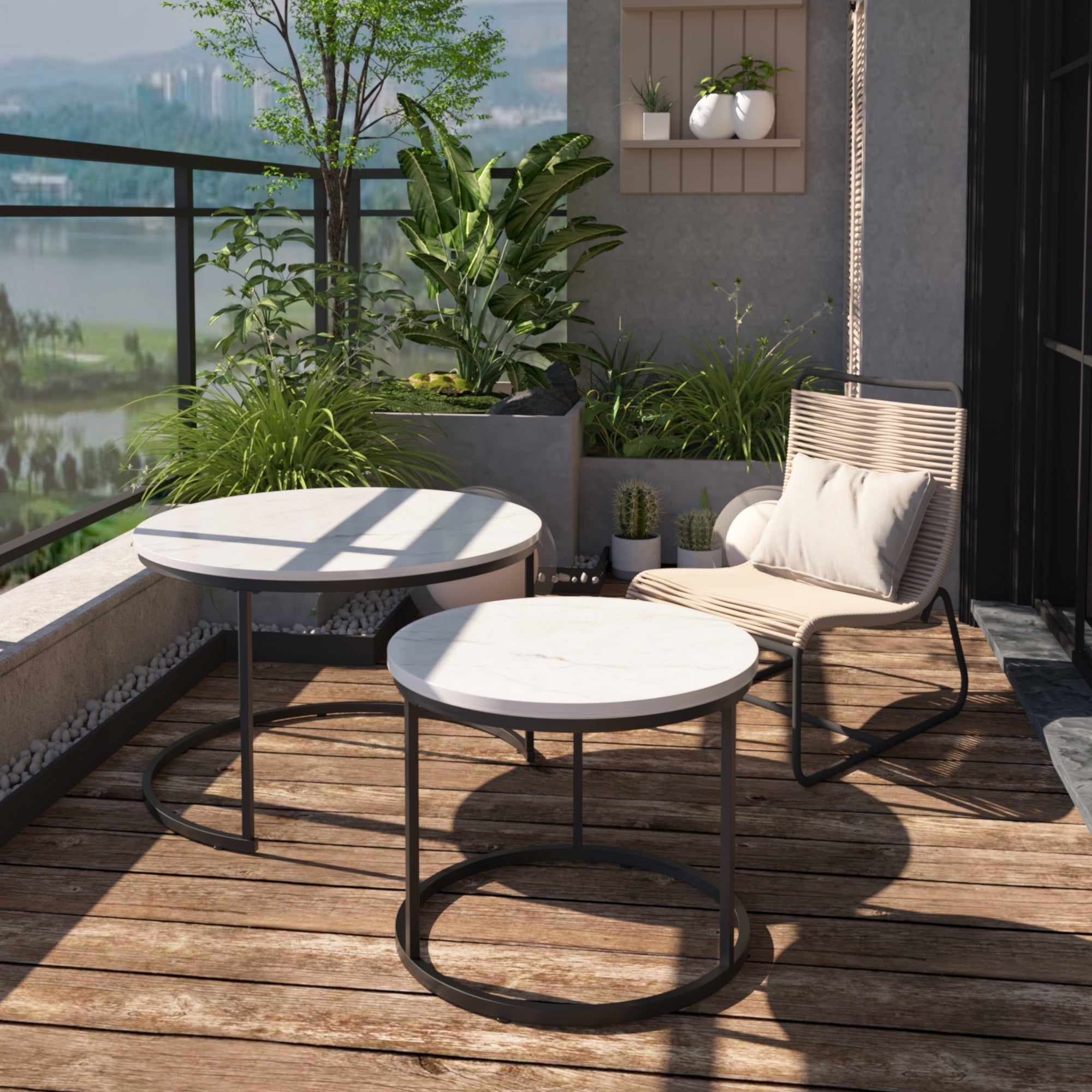 Nesting Coffee Table Set of 2, 27.6inch Round Wood Marble Pattern Top with Sturdy Metal Frame, White Living Room End Tables for Bedroom Balcony Yard - Grand Goldman Shop