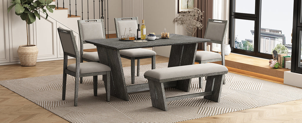 TREXM 6-Piece Retro Dining Table Set for 6, 60' Wood Kitchen Table and Chairs Set of 4 with Bench Designed Trestle Base for kitchen & Dining Room (Gray) - Grand Goldman Shop
