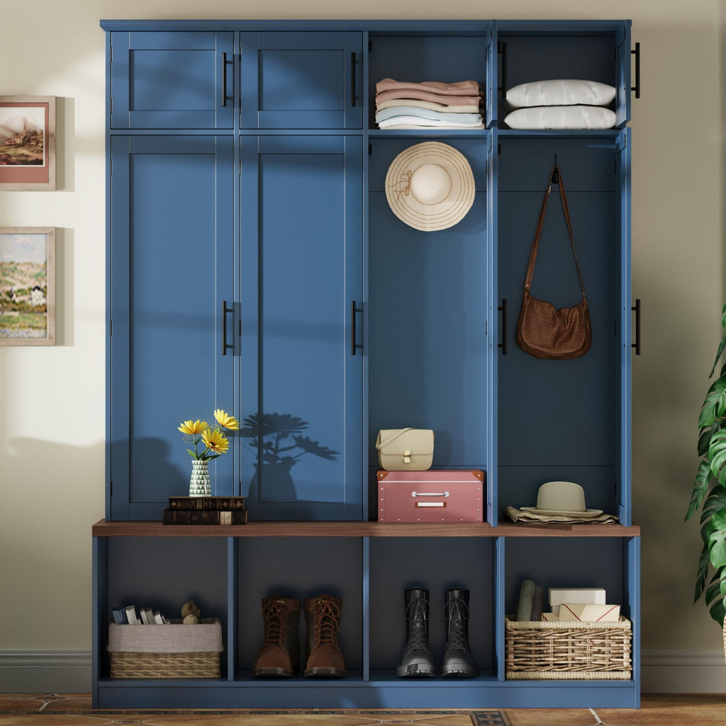Farmhouse Hall Tree with 4 Hidden Hanging Hooks, Versatile Walnut Seating Bench with 8 Doors, Entryway Shoe Cabinet with Open Compartment for Living Room, Blue (OLD SKU:N721S000059C) - Grand Goldman Shop