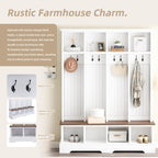 Farmhouse Hall Tree with 8 Hooks, Practical Entryway Bench with Open Compartments, 76.7'H Modern 3-in-1 Wooden Style Coat and Shoe Rack for Mudroom, Living Room, White (OLD SKU: N721P292601K) - Grand Goldman Shop