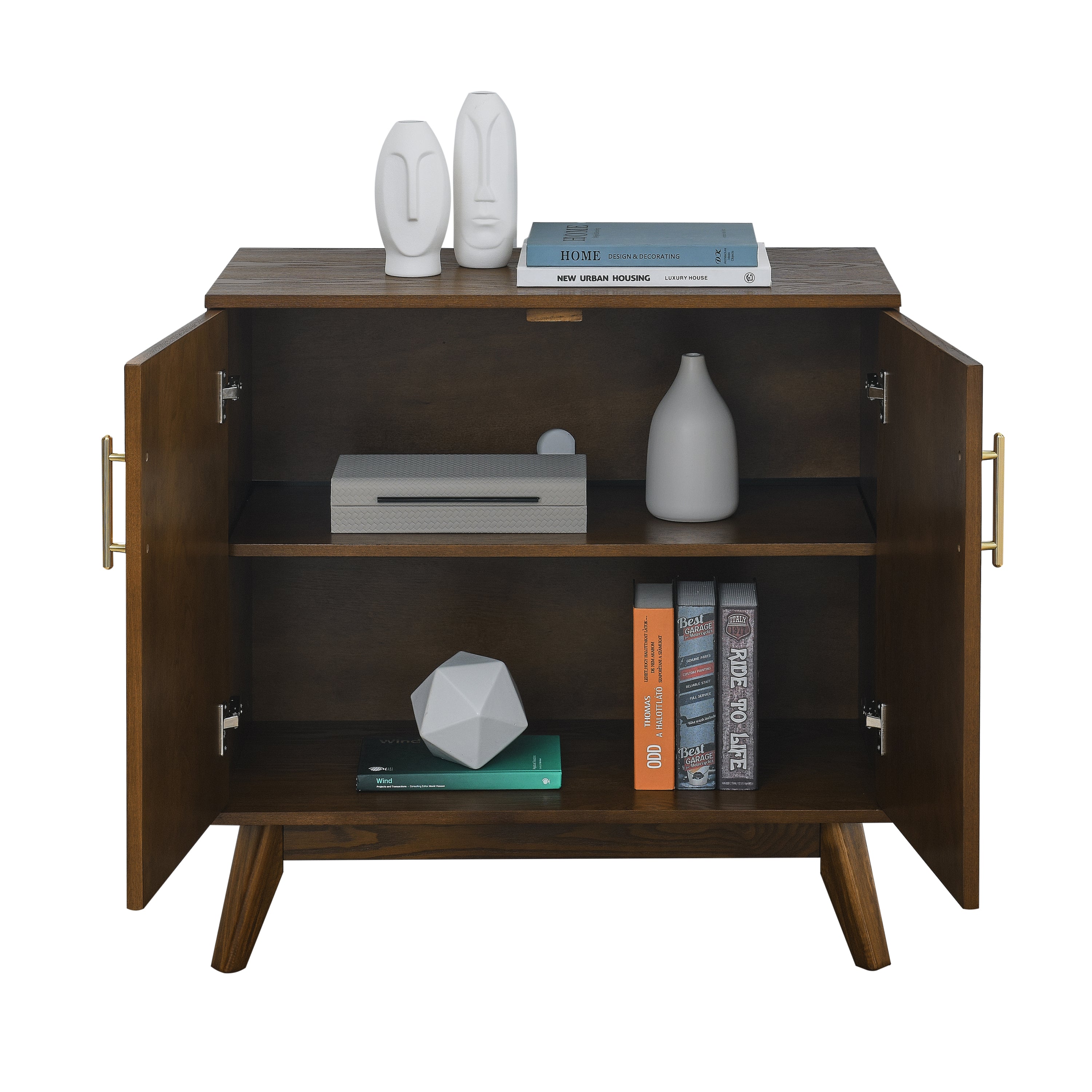 Mid Century Modern Fluted Sideboard Cabinet with Adjustable Shelves & Solid Wood Legs, Buffet Cabinet with Storage, Walnut Storage Cabinet for Living Room, Entryway, Hallway, Dining Room, Kitchen - Grand Goldman Shop