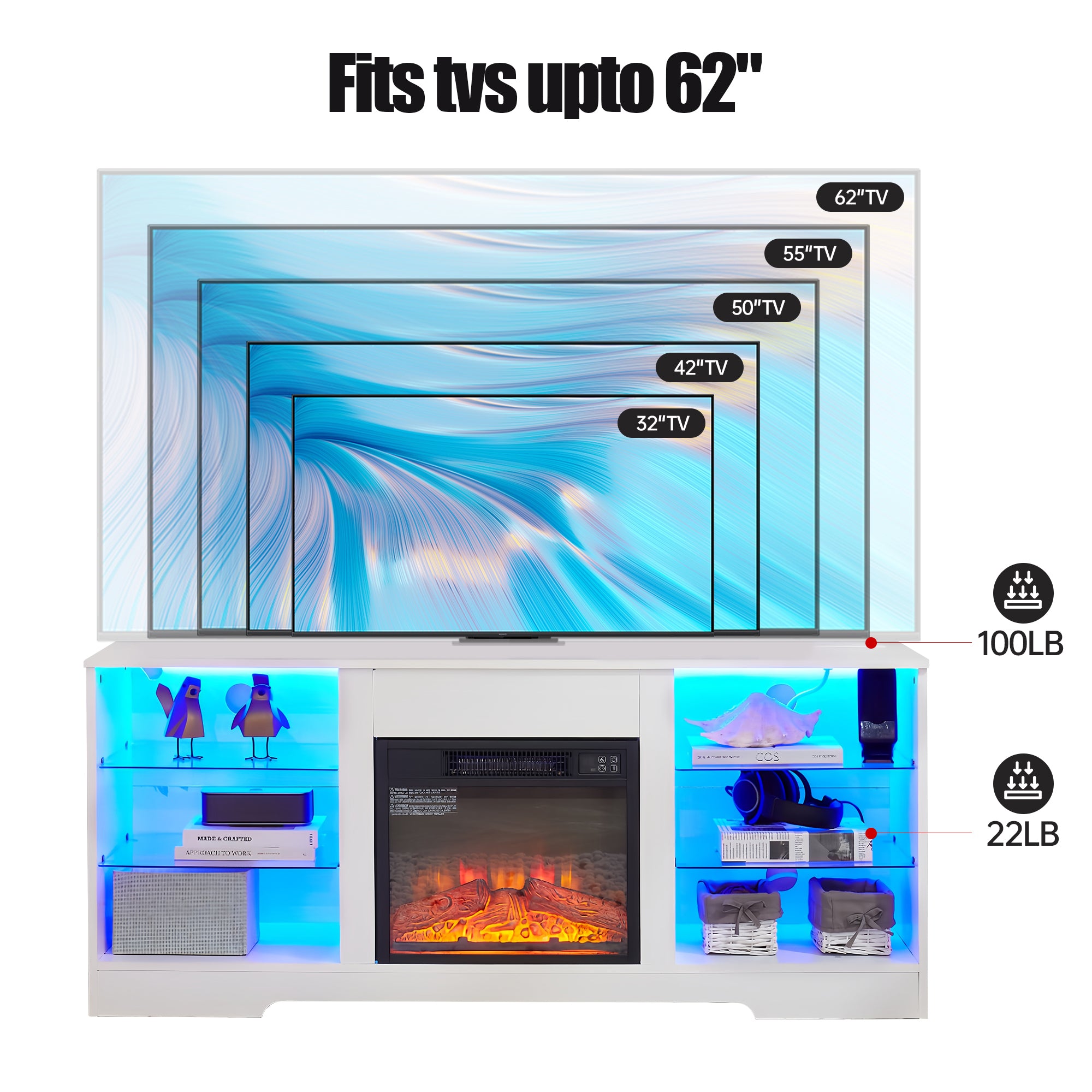 TV Stand Electric Fireplace  Glass Shelves, 3D Fireplace TV Stand with LED Lights Wood with USB Charging Outlet Modern Television Table Center for TV up to 62' White, 58''W*15.4''D*24.6 - Grand Goldman Shop