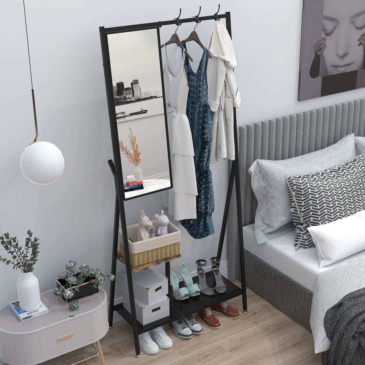 Coat Rack with Mirror, Multifunctional Hall Tree with Shoe Storage, Metal Frame, for Living Room Bedroom 73x32x15 Inches, Industrial Style, Rustic Brown and Black - Grand Goldman Shop