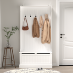 Entryway Bench with Standing Coat Rack, Hall Tree with Shoe Storage Bench, Entryway Organizer with 5 Hooks, White - Grand Goldman Shop