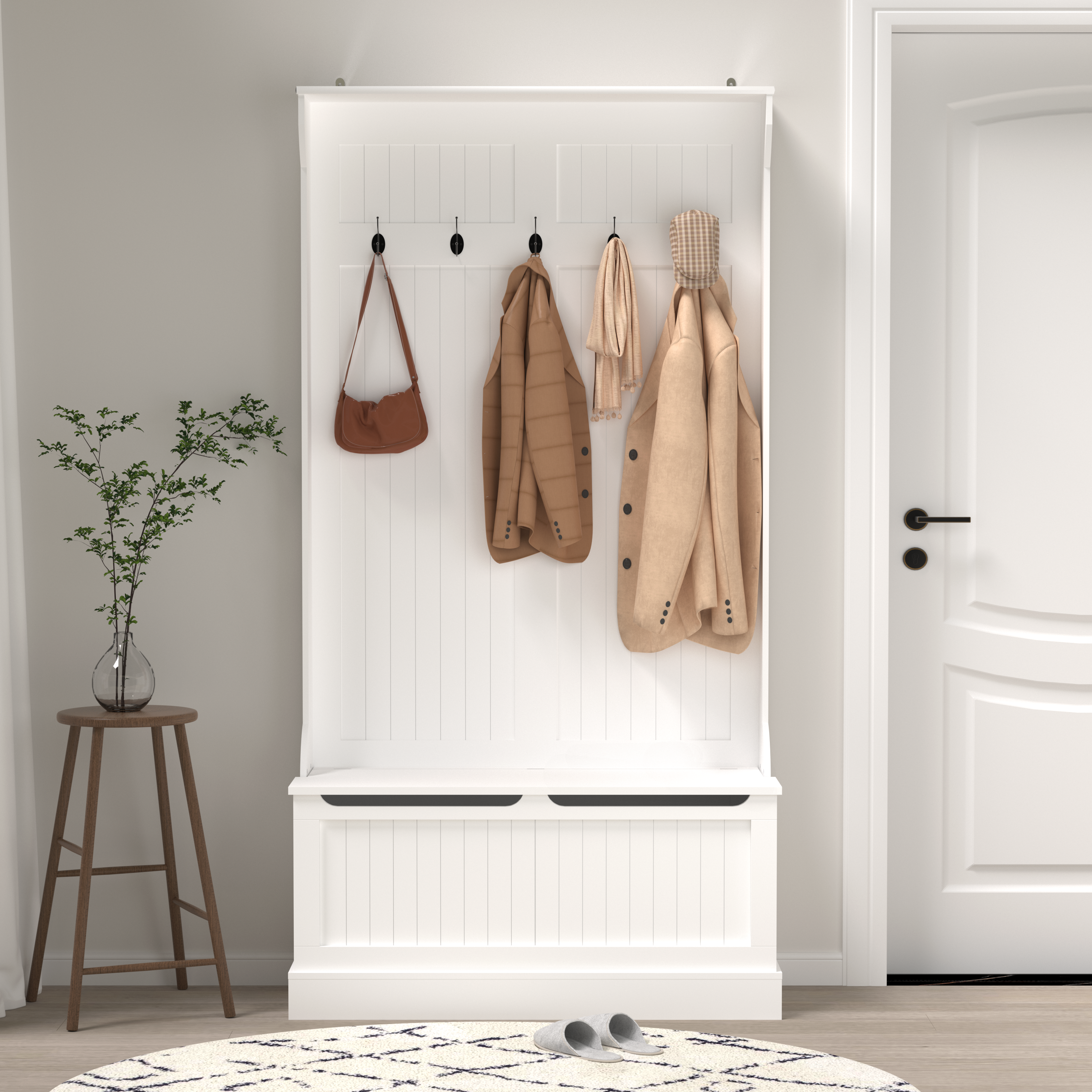 Entryway Bench with Standing Coat Rack, Hall Tree with Shoe Storage Bench, Entryway Organizer with 5 Hooks, White - Grand Goldman Shop