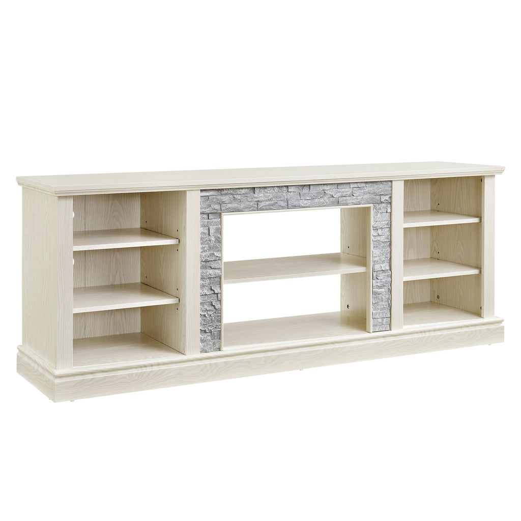 Large TV Desk Storage Rack with Faux Stacked Stone Surround,Media Console Table with Large Storage Cabinet,Modern TV Media Entertaionment Stand,WHITE, 70.12'W*15.35'D*25.83'H - Grand Goldman Shop