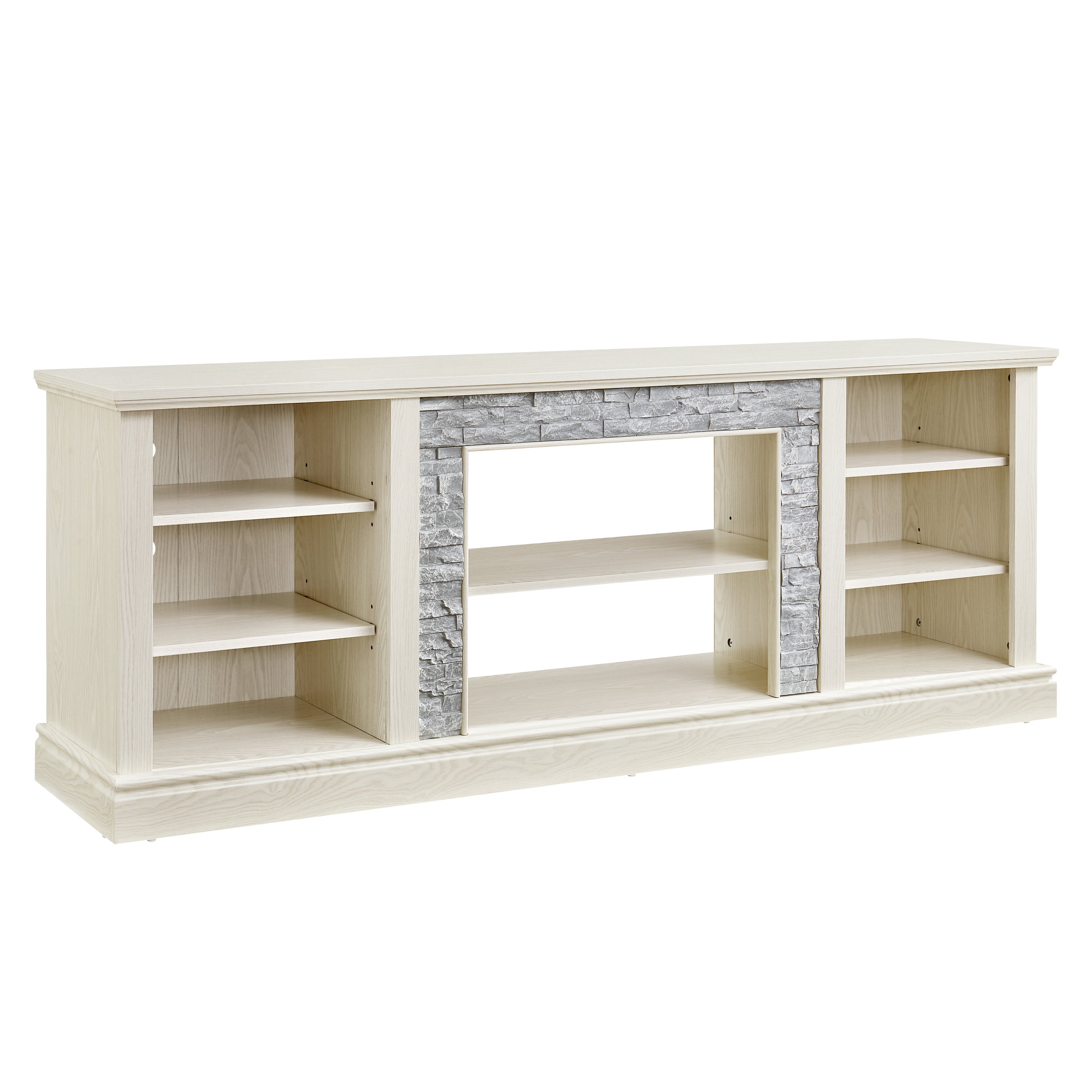 Large TV Desk Storage Rack with Faux Stacked Stone Surround,Media Console Table with Large Storage Cabinet,Modern TV Media Entertaionment Stand,WHITE, 70.12'W*15.35'D*25.83'H - Grand Goldman Shop