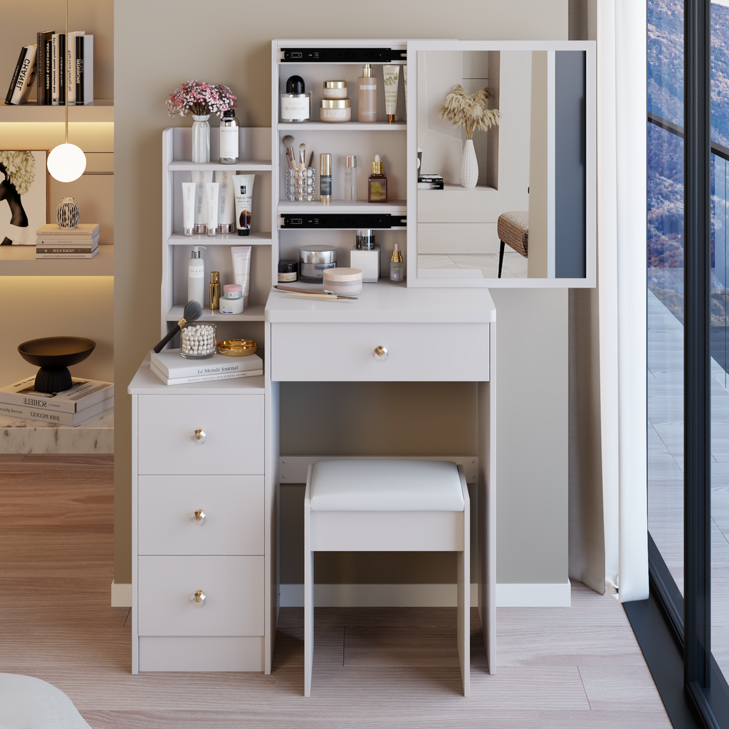 29.2' Small Space Left Bedside Cabinet Vanity Table + Cushioned Stool, Extra Large Right sliding mirror, Multi Layer High Capacity Storage, Practical Fashionable Dresser, EPA, GCC, UL Certificate - Grand Goldman Shop