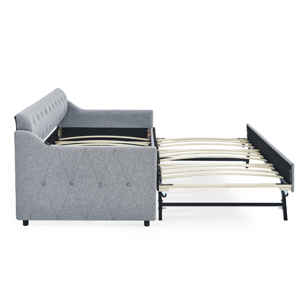 Linen Grey Mid-Century Style Twin Size Upholstered Daybed with Trundle and USB Charging Armrest - Grand Goldman Shop