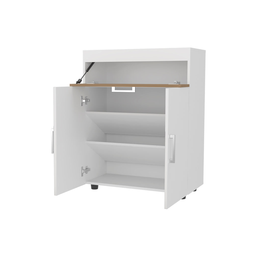 FM FURNITURE North Fork Shoe Rack, Pneumatic Lift-Up Compartment, Dual Doors, White and Natural Oak - Grand Goldman Shop