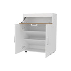 FM FURNITURE North Fork Shoe Rack, Pneumatic Lift-Up Compartment, Dual Doors, White and Natural Oak - Grand Goldman Shop