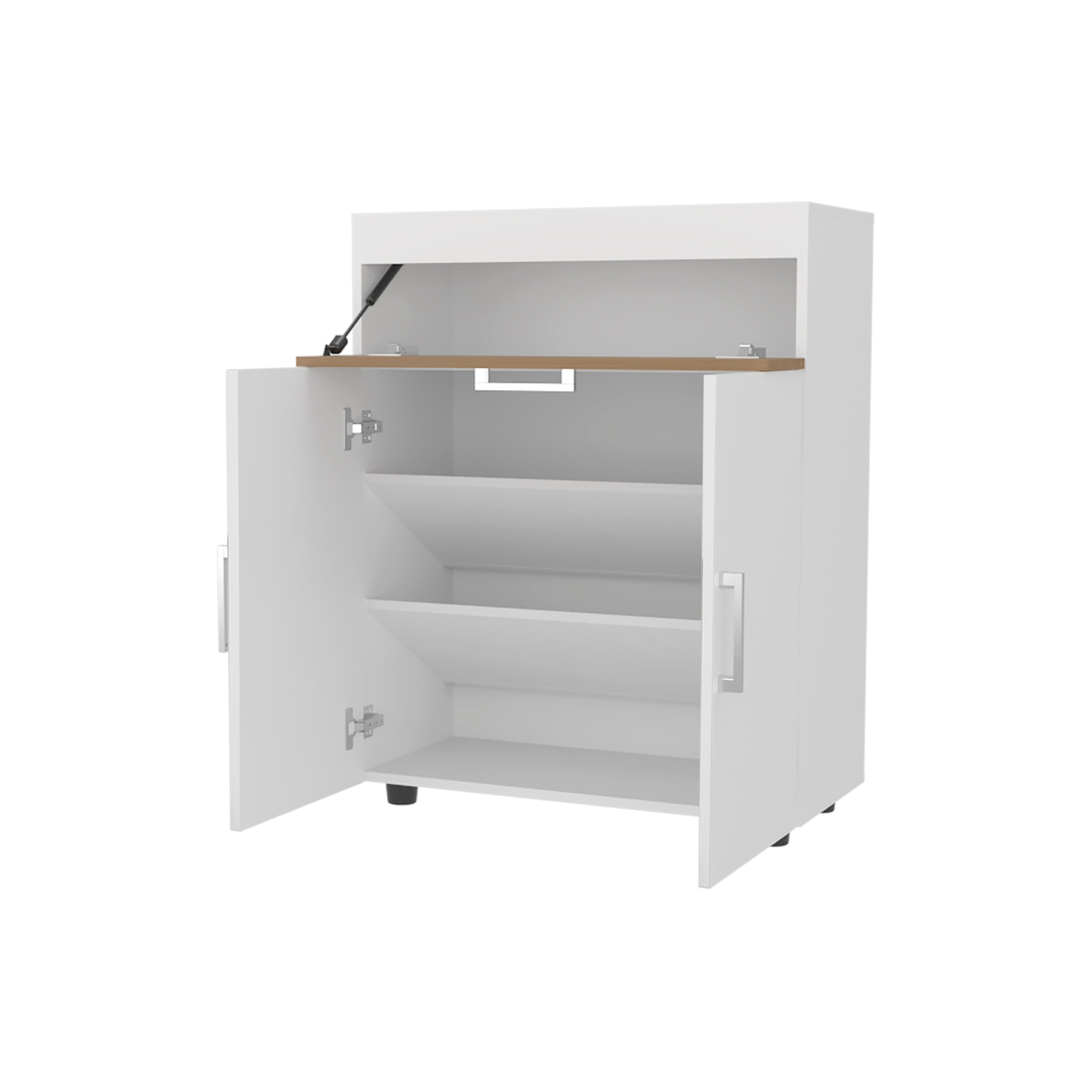 FM FURNITURE North Fork Shoe Rack, Pneumatic Lift-Up Compartment, Dual Doors, White and Natural Oak - Grand Goldman Shop