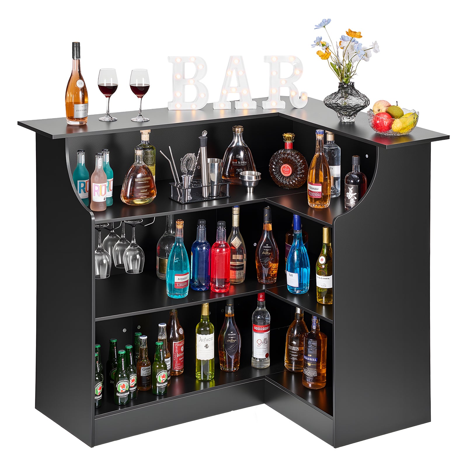 Home Bar Unit, L-Shaped Wine Bar Cabinet Table 4-Tier with Storage Shelves,  Wine Glass Holder, 300 lbs Max Capacity, Wood Liquor Cabinet for Home, Kitchen, Living Room, Pub, Basement, Black - Grand Goldman Shop