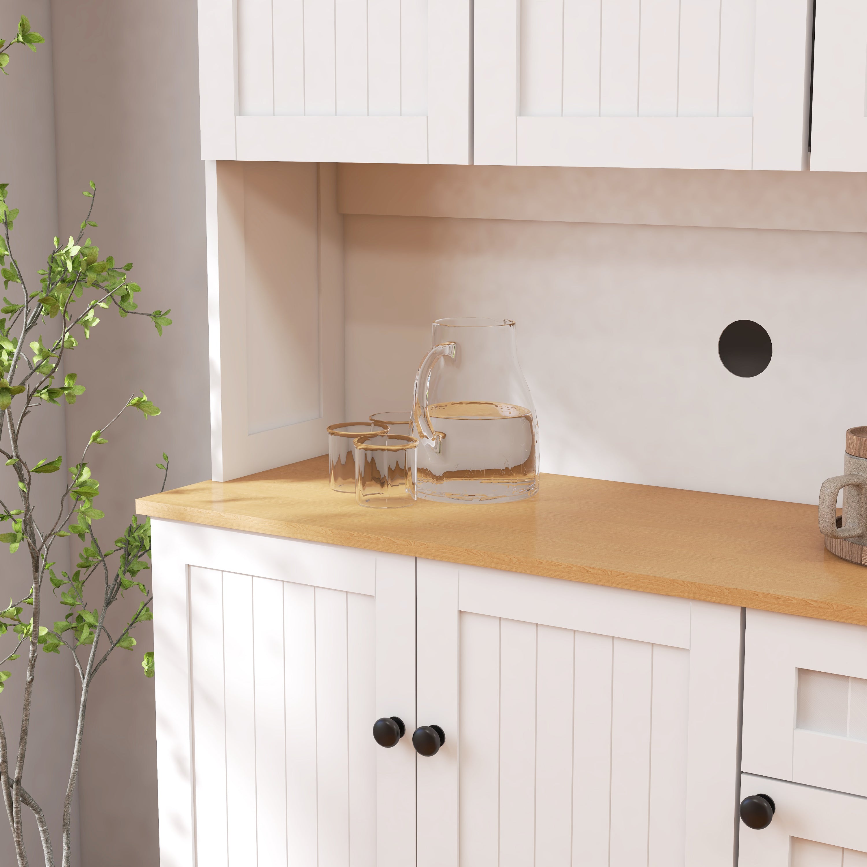71' Kitchen Pantry Storage Cabinet with Microwave Oven Countertop, Freestanding Hutch Cabinet with Adjustable Shelves, 6 Doors and 1 Drawer-White - Grand Goldman Shop