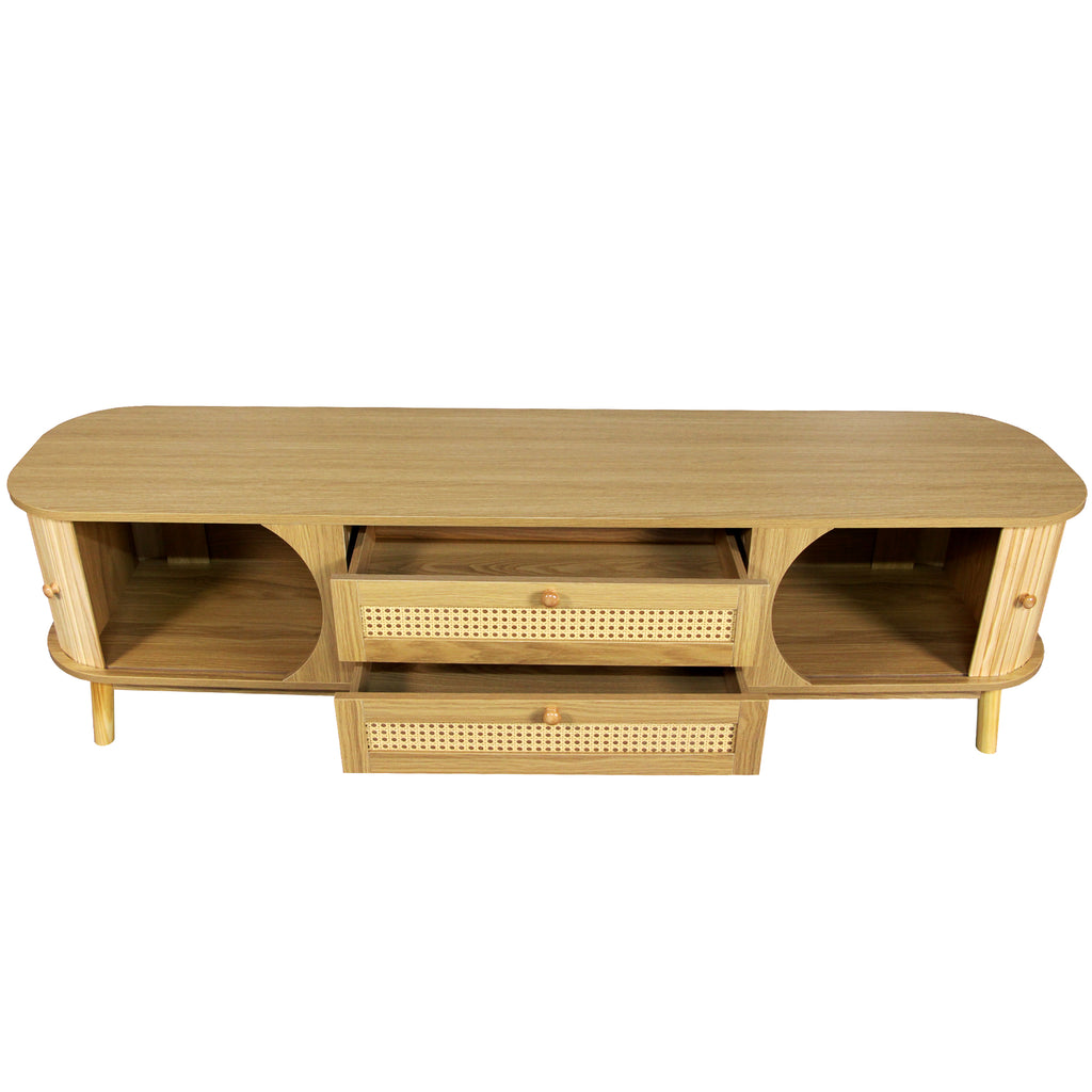 Modern Farmhouse Rattan TV Stand for TVs up to 75'', Solid Wood Legs, Natural Wood Finish Media Console with Storage Drawers and Sliding Doors - Grand Goldman Shop