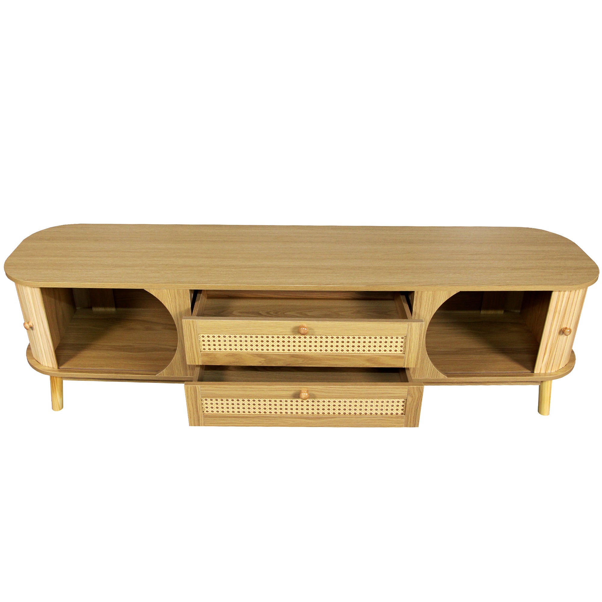 Modern Farmhouse Rattan TV Stand for TVs up to 75'', Solid Wood Legs, Natural Wood Finish Media Console with Storage Drawers and Sliding Doors - Grand Goldman Shop