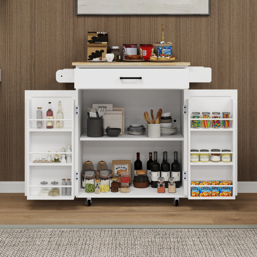 Kitchen island rolling trolley cart with 1 drawer & 2 doors with storage racks & Adjustable Shelves & towel rack & seasoning rack rubber wood table top-White - Grand Goldman Shop