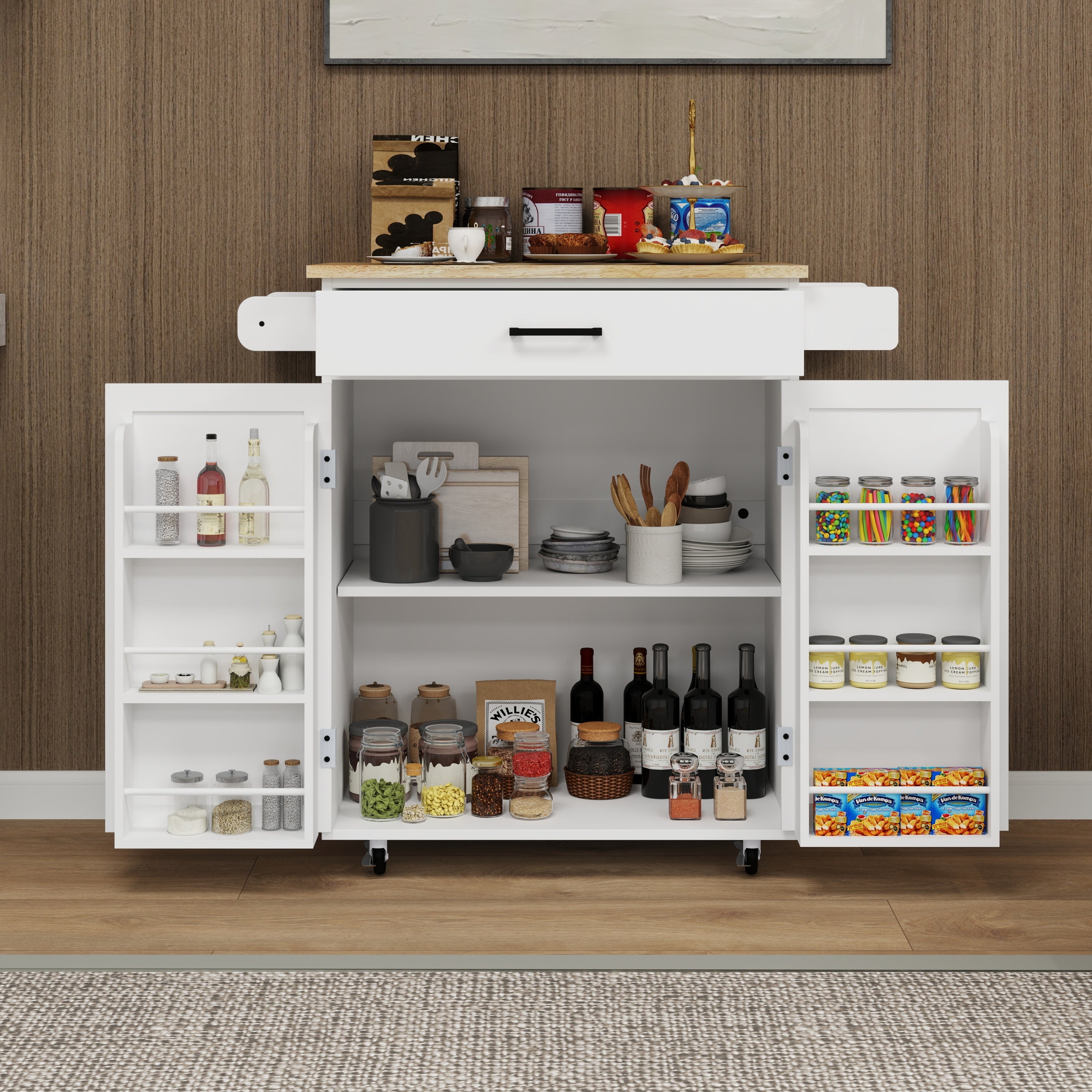 Kitchen island rolling trolley cart with 1 drawer & 2 doors with storage racks & Adjustable Shelves & towel rack & seasoning rack rubber wood table top-White - Grand Goldman Shop