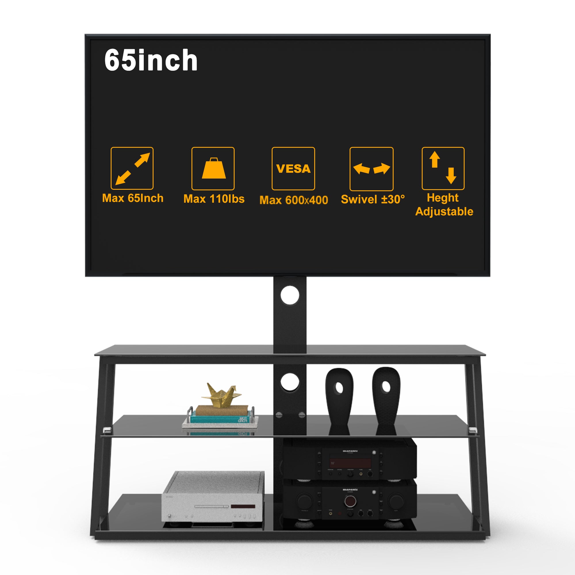 Multi-Function Adjustable TV Stand Black Tempered Glass - Grand Goldman Shop