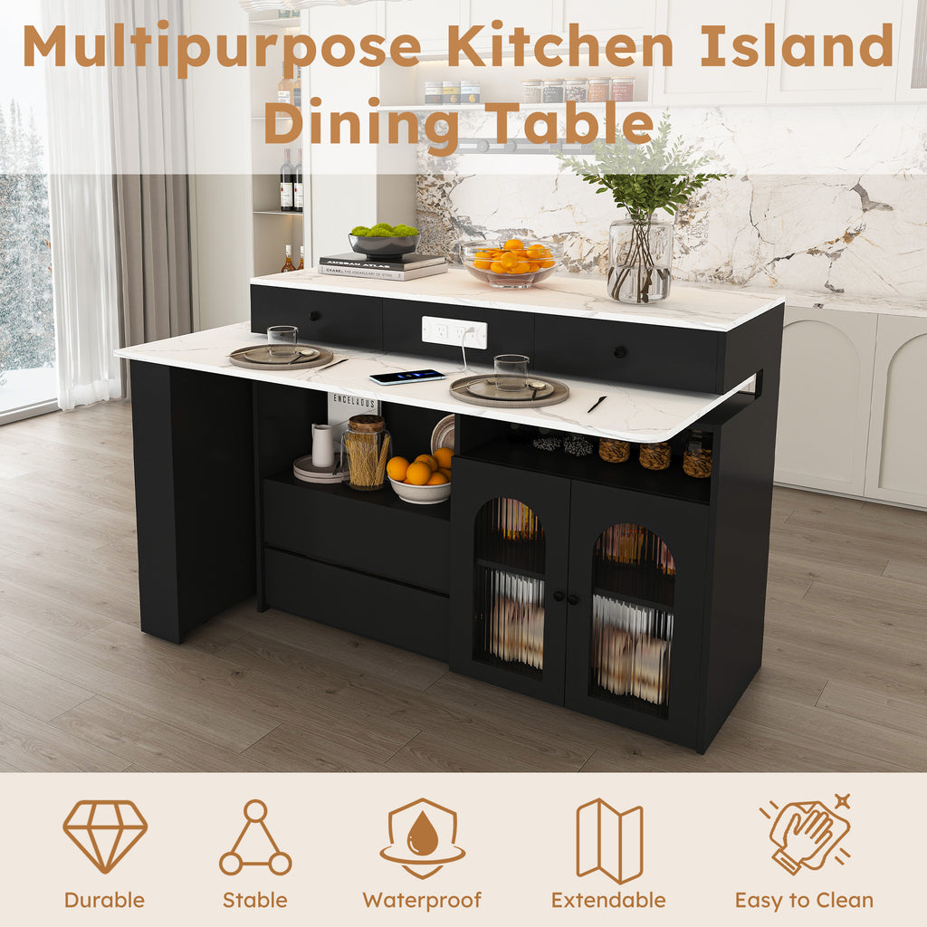 Retro Kitchen Island with Extendable Rotating Table, Black Marble Veneer on MDF, 4 Drawers & Glass Door Cabinets, Built-in Socket, Fits 2-4 People - Grand Goldman Shop