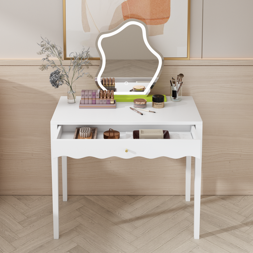 White 35.43' Vanity Desk with Drawer – Modern Makeup Table with Scalloped Front & Gold Knob, Compact Writing Desk with 4 Sturdy Legs for Bedroom, Small Home Office & Apartment Spaces - Grand Goldman Shop