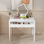 White 35.43' Vanity Desk with Drawer – Modern Makeup Table with Scalloped Front & Gold Knob, Compact Writing Desk with 4 Sturdy Legs for Bedroom, Small Home Office & Apartment Spaces - Grand Goldman Shop