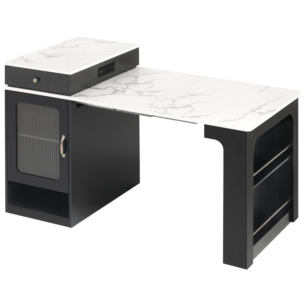 K&K 59.5' Kitchen Island with Extendable Dining Table, Kitchen Storage Table with Double-sided Storage, Kitchen Island with 2 Drawers, Power Outlet, Side Open Shelves, for Kitchen, Dining Room, Black - Grand Goldman Shop