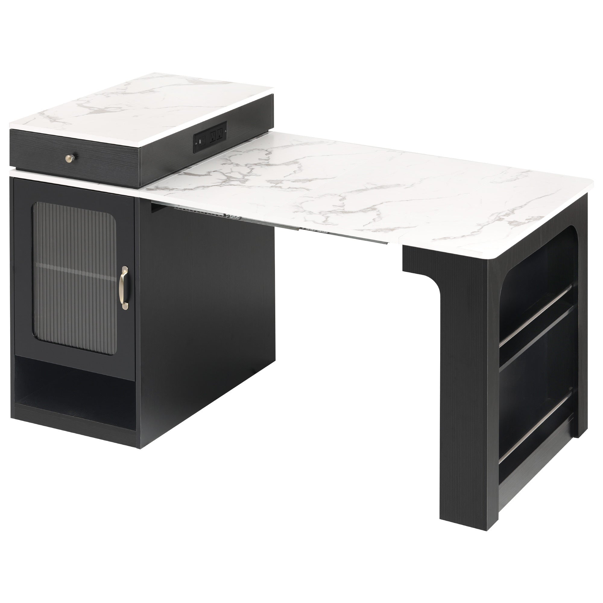K&K 59.5' Kitchen Island with Extendable Dining Table, Kitchen Storage Table with Double-sided Storage, Kitchen Island with 2 Drawers, Power Outlet, Side Open Shelves, for Kitchen, Dining Room, Black - Grand Goldman Shop