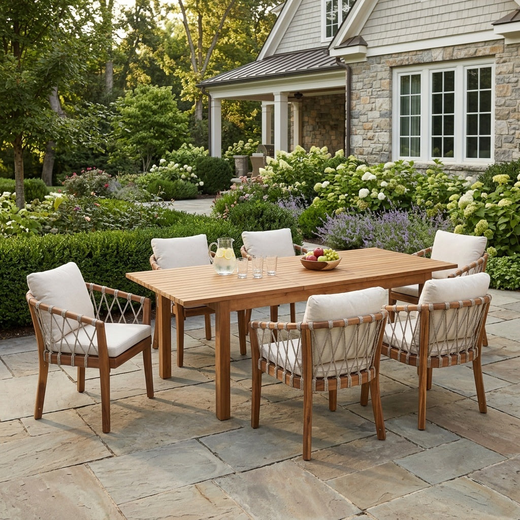 7-teiliges Outdoor-Esszimmer-Set aus Akazienholz, modern mit 6 Stühlen und 1 großem Tisch, Essmöbel-Set für Rasen, Garten, Veranda, Pool, Teakholz