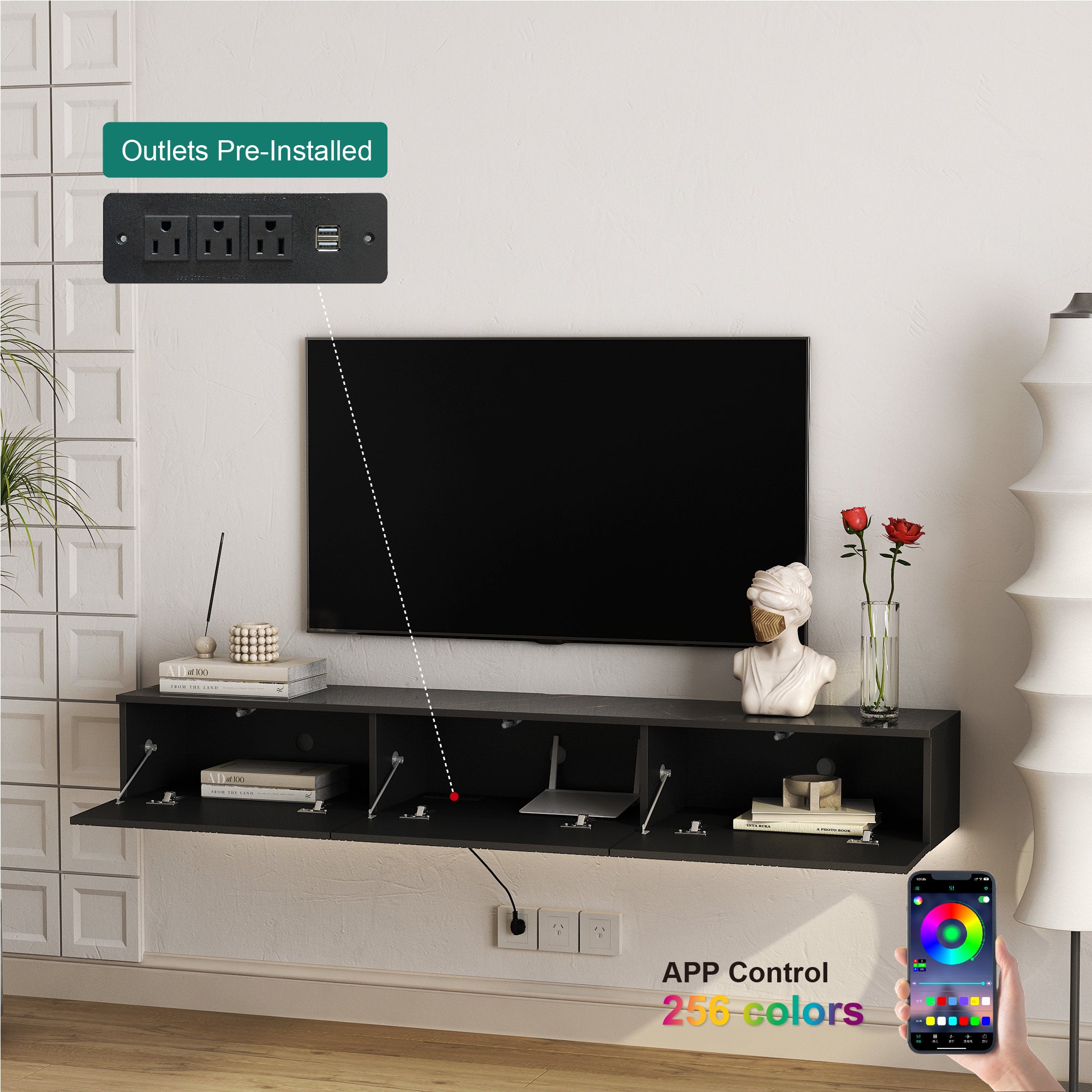 Floating TV Stand Wall Mounted with 16 Color LEDs,67' Modern TV Stand, Floating TV Cabinet Entertainment Center for 55 60 65 Inch TV,Black - Grand Goldman Shop