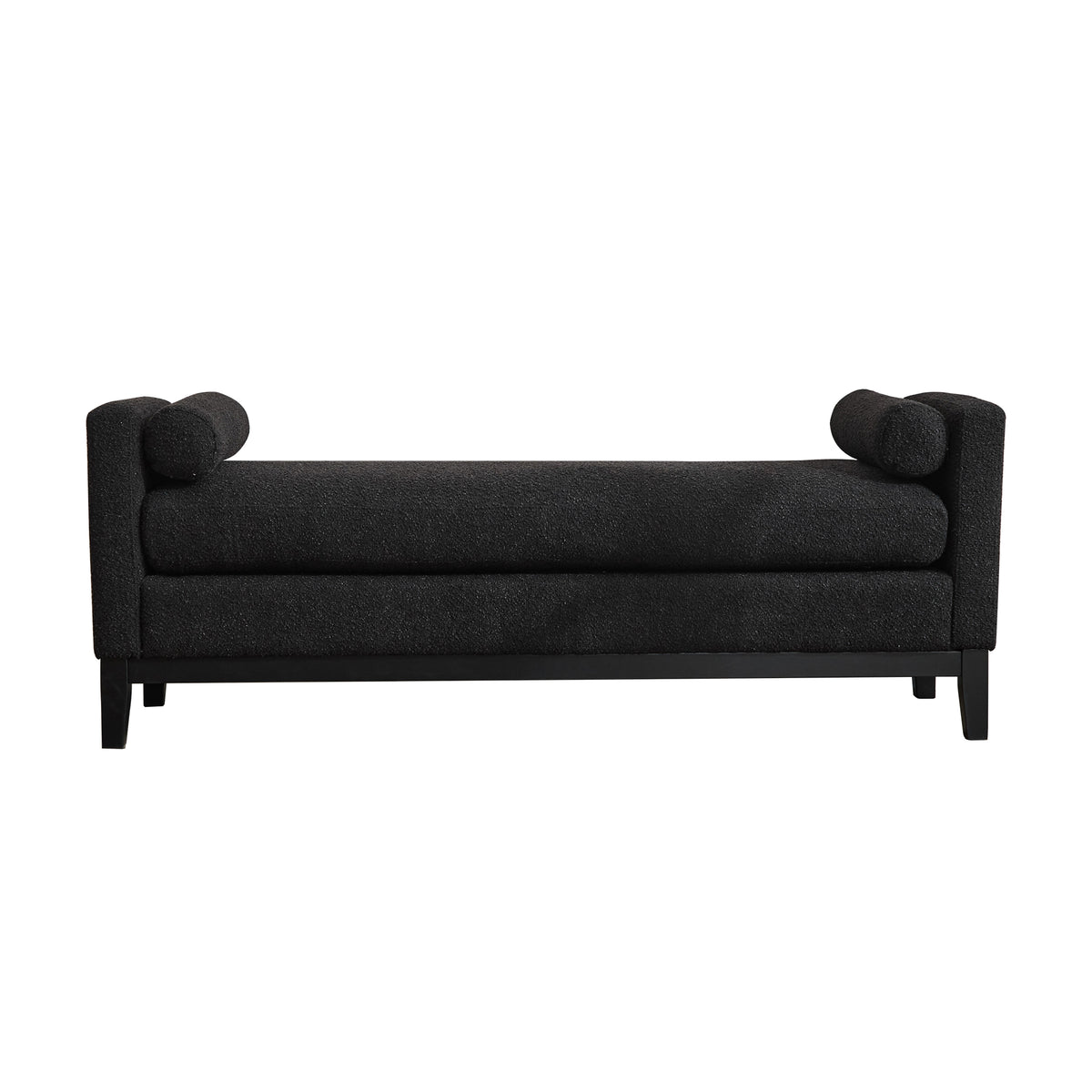 Elegant Upholstered Bench, Daybed, Ottoman with Wood Legs & 2 Bolster Pillows, Black Boucle, 66.34' - Grand Goldman Shop
