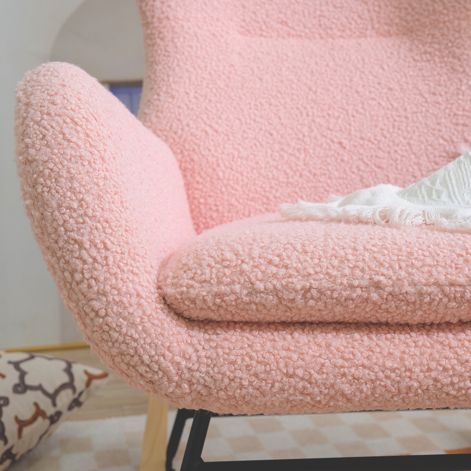 Rocking Chair Nursery, Teddy Upholstered Rocker Glider Chair with High Backrest, Adjustable Headrest & Pocket, Comfy Glider Chair for Nursery, Bedroom, Living Room, Offices, Rubber wood, pink - Grand Goldman Shop