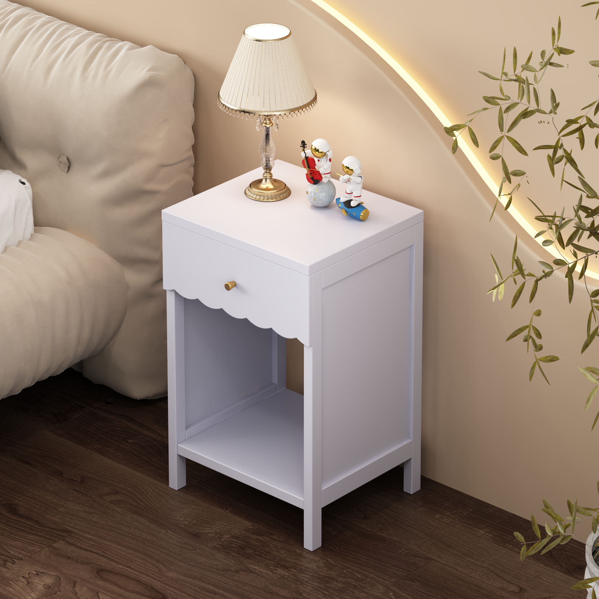 Modern Nightstand with Drawer and Open Shelf, Scalloped Edge Bedside Table in Light Purple, Minimalist Side Table for Kids Room or Girls' Room, Engineered Wood, 16.93 x 14.96 x 26.77 inches - Grand Goldman Shop