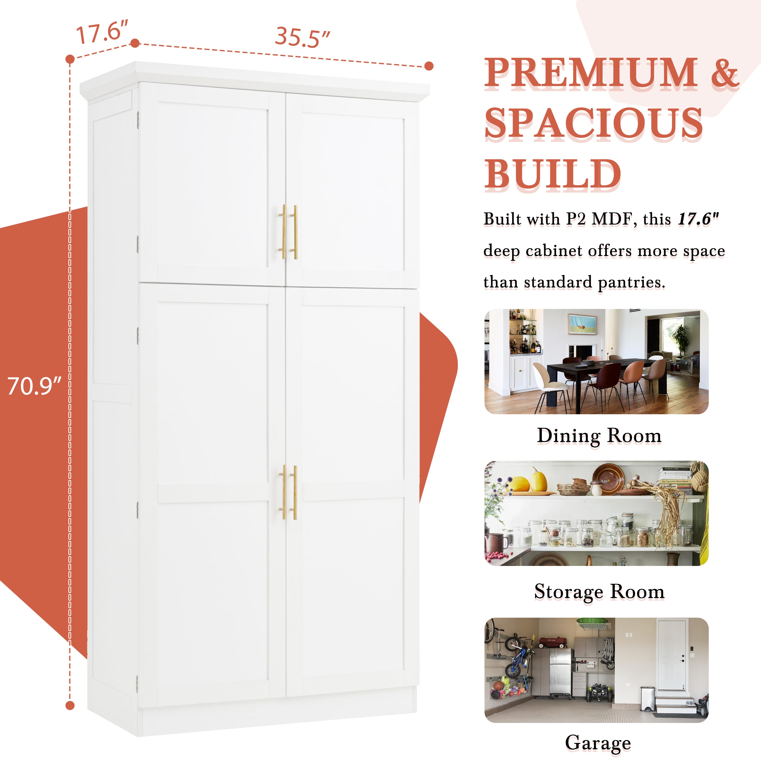 [Assembly Video Provided] TOPMAX 35.5x17.6x70.9inch Freestanding Kitchen Pantry Cabinet, Tall Storage Cabinet with 4 Doors, 2 Door Shelves, 8 Pull-out Trays and Adjustable Shelf for Dining Room, White - Grand Goldman Shop