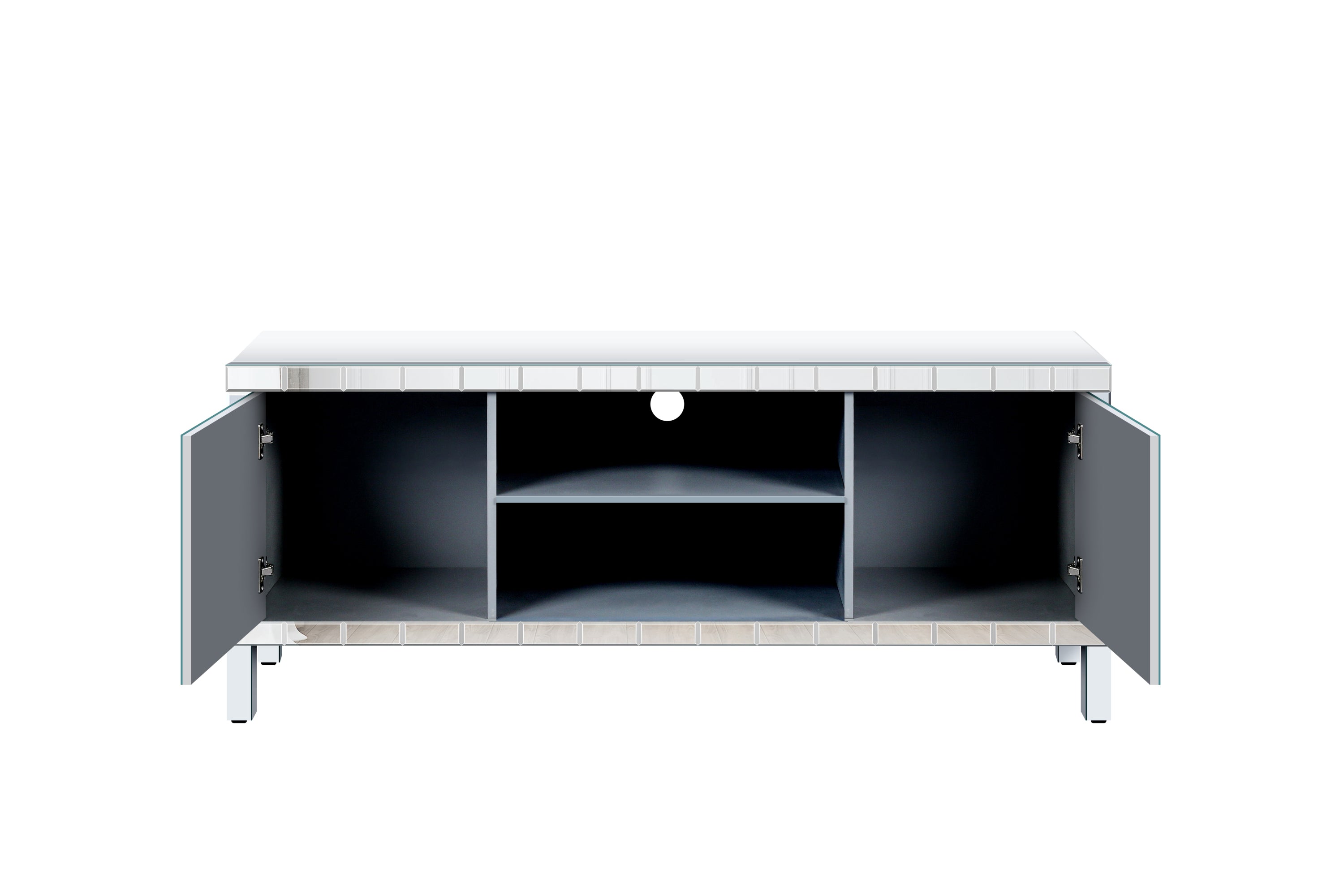 Mirrored TV Stand for 65+ inch TV,Sliver TV Console Table with Open Storage & 2 Storage Cabinets ,Diamond Shape Sparkling Mirror Doors for Living Room(59''W x 25.2''H x 15.7D) - Grand Goldman Shop