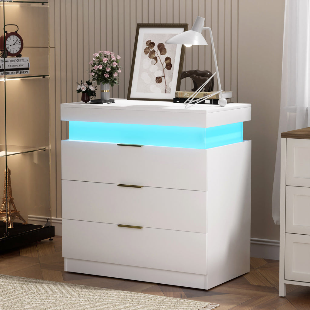 Nightstand with Charging Station and LED Lights,Night Stand with Sliding Top for Bedroom,Bedside Table with Drawers,Modern End Side Table,White.28.8''W x 17''D x 30.5''H. - Grand Goldman Shop