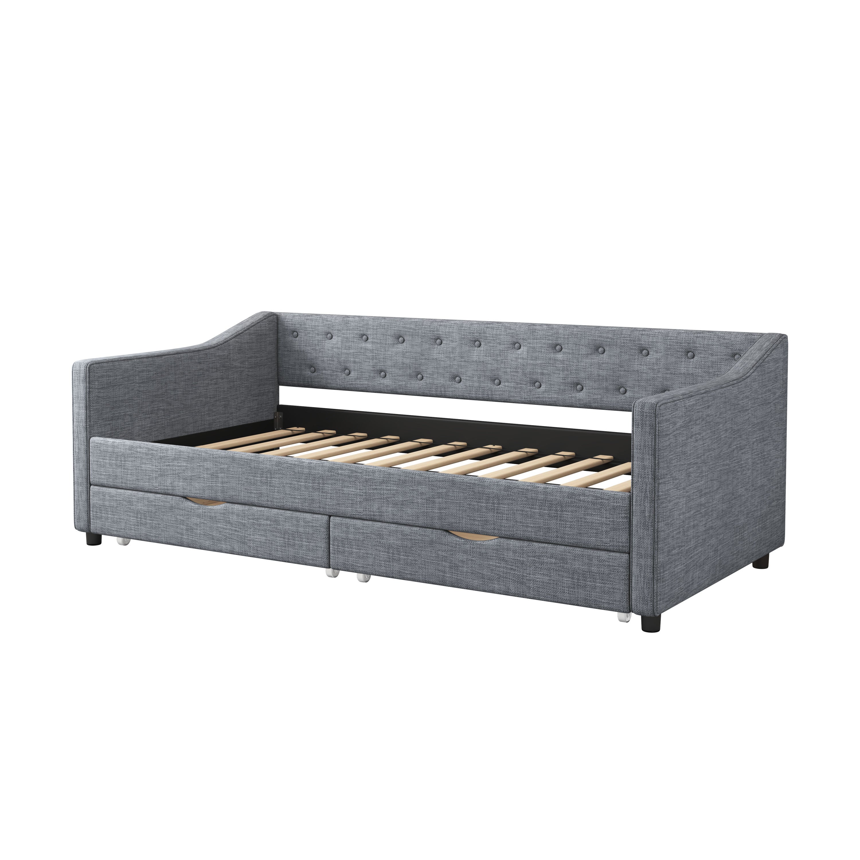 Twin Size Daybed with Drawers Upholstered Tufted Sofa Bed, with Button on Back and Piping on Waved Shape Arms-Light Grey - Grand Goldman Shop