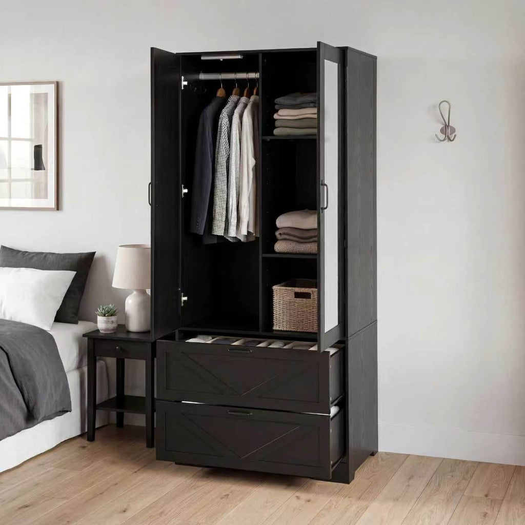 2 Door Wood Wardrobe for Bedroom with Hanging Clothing Rod inside the Cabinet and 2 Drawers for Storage Organization, Built-in induction light Multifunctional Closet with Mirror, Black - Grand Goldman Shop