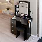 29.2' Small Size Left Bedside Cabinet Vanity Table + Cushioned Stool, 2 AC+2 USB Power Station, Hair dryer bracket, Extra Large Touch Control Sliding LED Mirror, Tri-color Switching, Brightness Adjust - Grand Goldman Shop