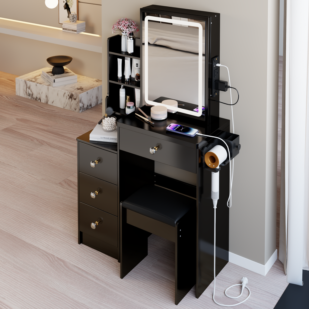 29.2' Small Size Bedside Cabinet Vanity Table + Cushioned Stool, 2 AC+2 USB Power Station, Hair dryer bracket, Extra Large Touch Control Sliding LED Mirror, 3-color Switching, EPA, GCC, UL Certificate - Grand Goldman Shop