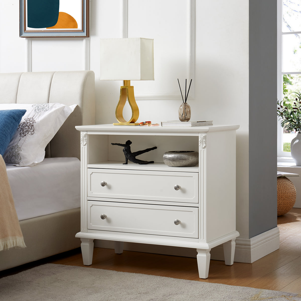 Open Space and 2 Drawers Dresser Nightstand with Charging Station, Farmhouse End Table with USB Ports and Outlets, Fluted Pilasters Design Side Table with Solid Wood Legs for Bedroom - Grand Goldman Shop