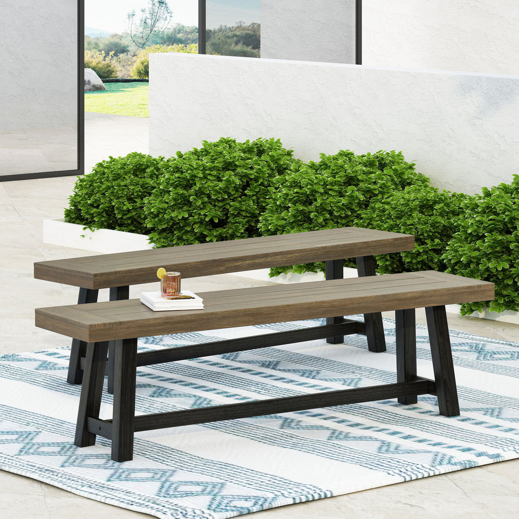 Cloud Outdoor Bench with Acacia Wood Frame and Slat Panel Design, Set of 2,Sandblast Grey and Black - Grand Goldman Shop
