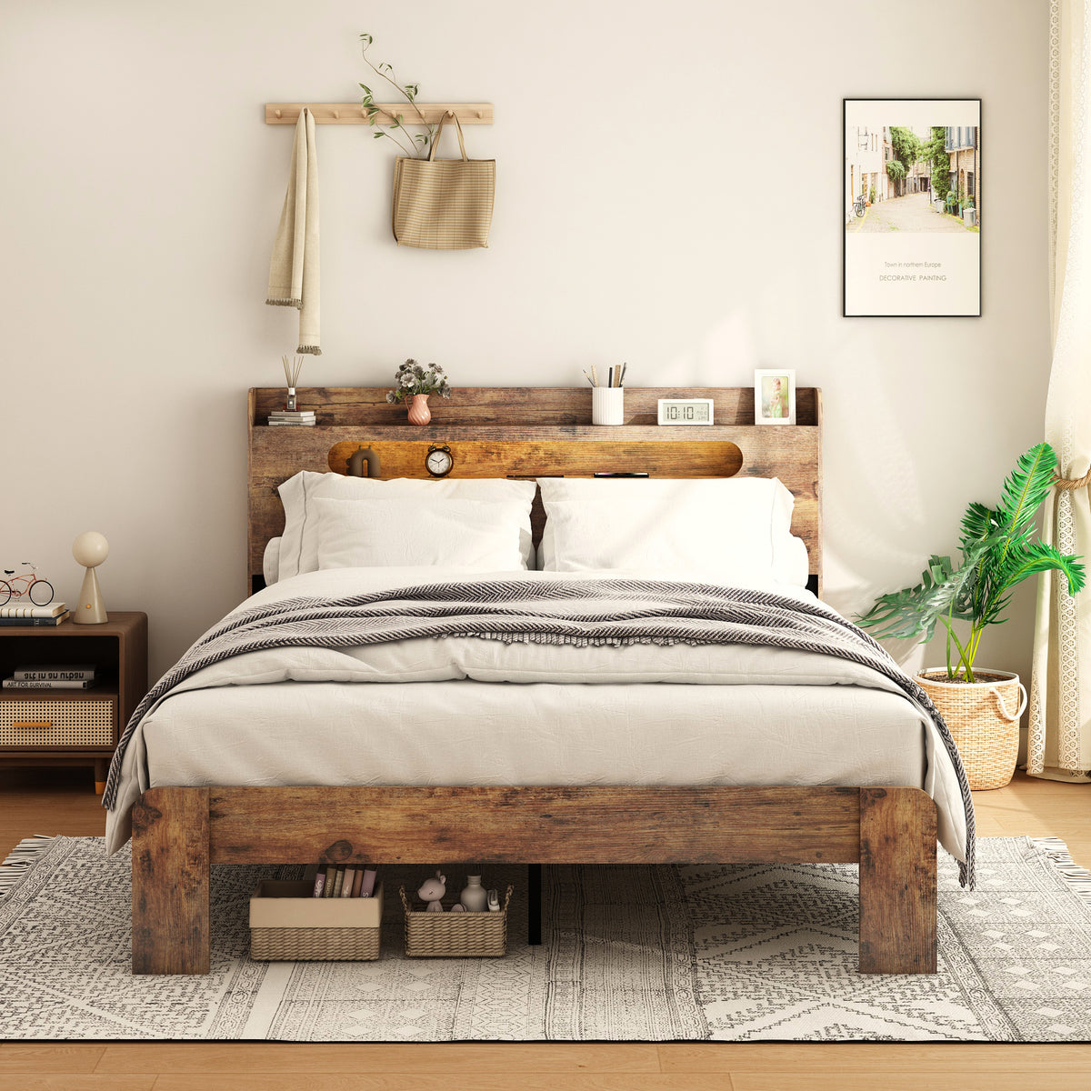Bed Frame Queen Size, Wood Platform Bed Frame with Storage LED Light Headboard and 2 USB , Noise Free,No Box Spring Needed and Easy Assembly Tool,Large Under Bed Storage,Dark Brown - Grand Goldman Shop