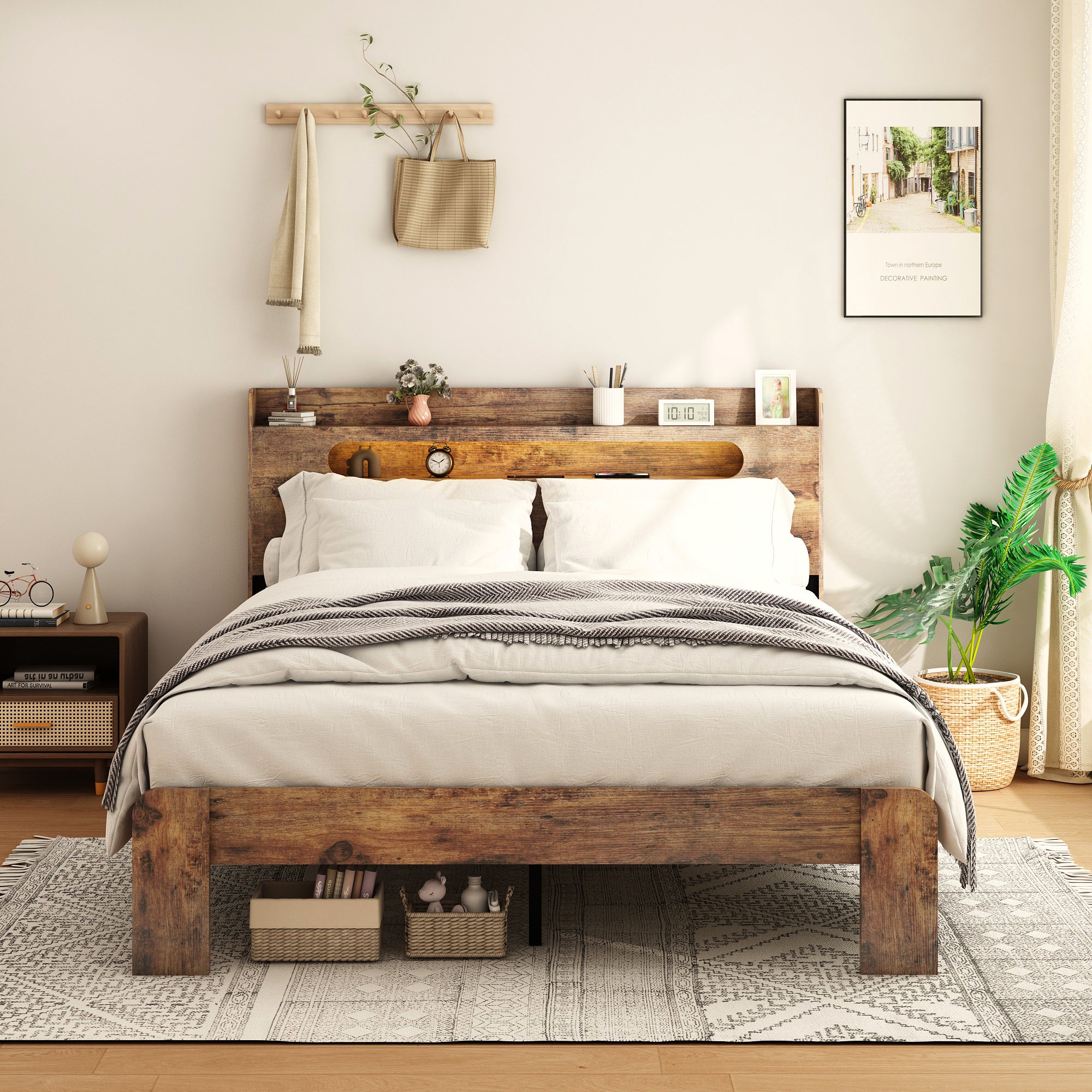Bed Frame Queen Size, Wood Platform Bed Frame with Storage LED Light Headboard and 2 USB , Noise Free,No Box Spring Needed and Easy Assembly Tool,Large Under Bed Storage,Dark Brown - Grand Goldman Shop