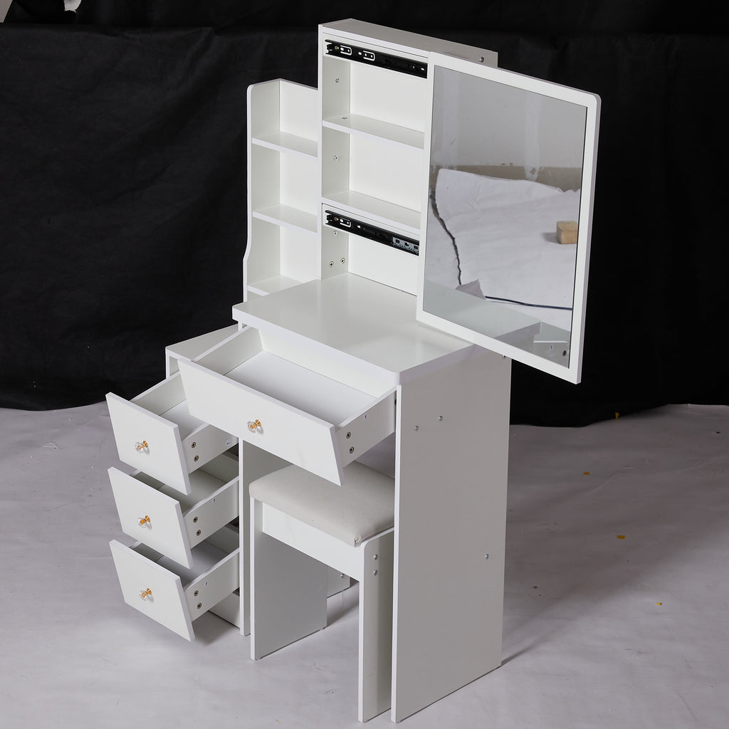 29.2' Small Space Left Bedside Cabinet Vanity Table + Cushioned Stool, Extra Large Right sliding mirror, Multi Layer High Capacity Storage, Practical Fashionable Dresser, EPA, GCC, UL Certificate - Grand Goldman Shop