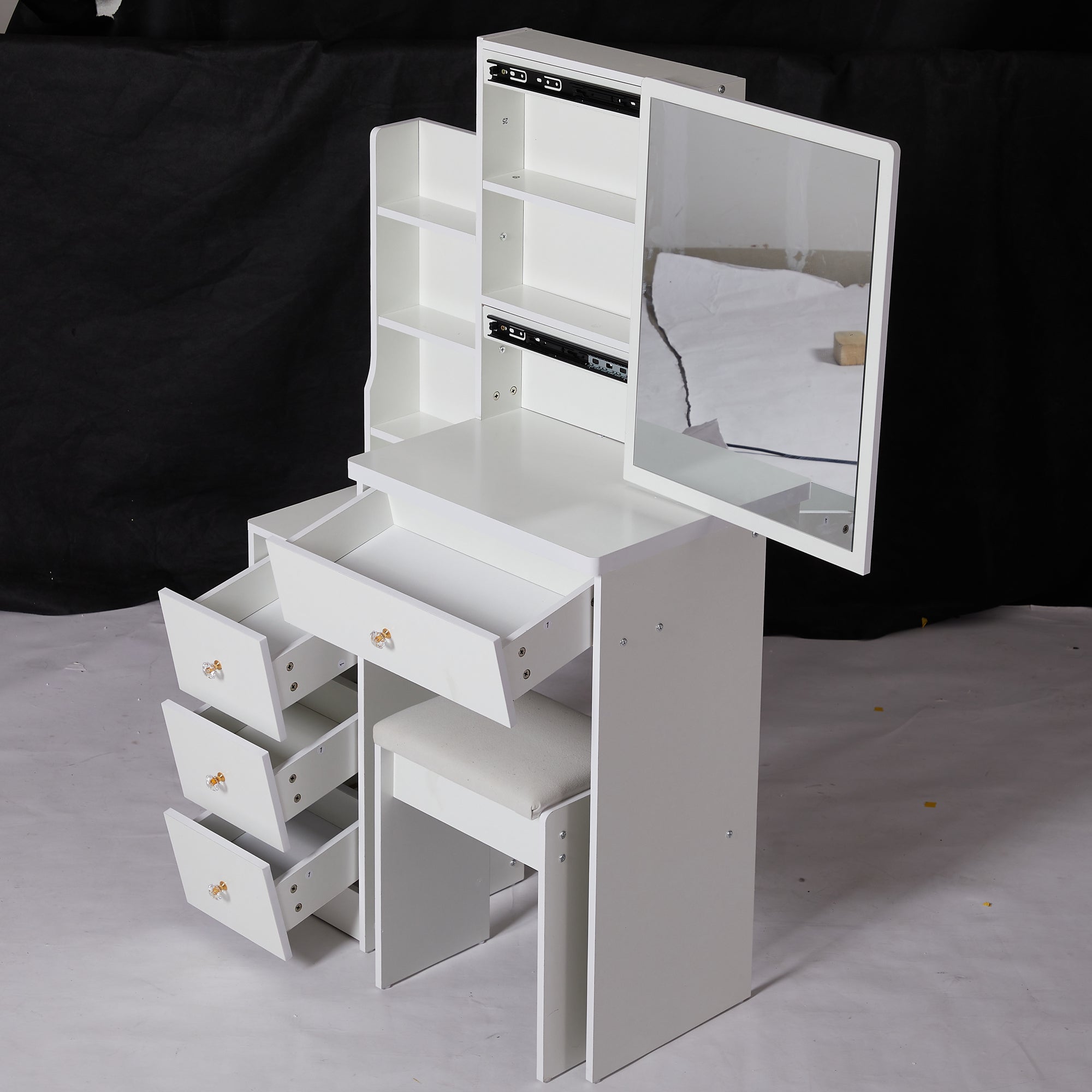 29.2' Small Space Left Bedside Cabinet Vanity Table + Cushioned Stool, Extra Large Right sliding mirror, Multi Layer High Capacity Storage, Practical Fashionable Dresser, EPA, GCC, UL Certificate - Grand Goldman Shop