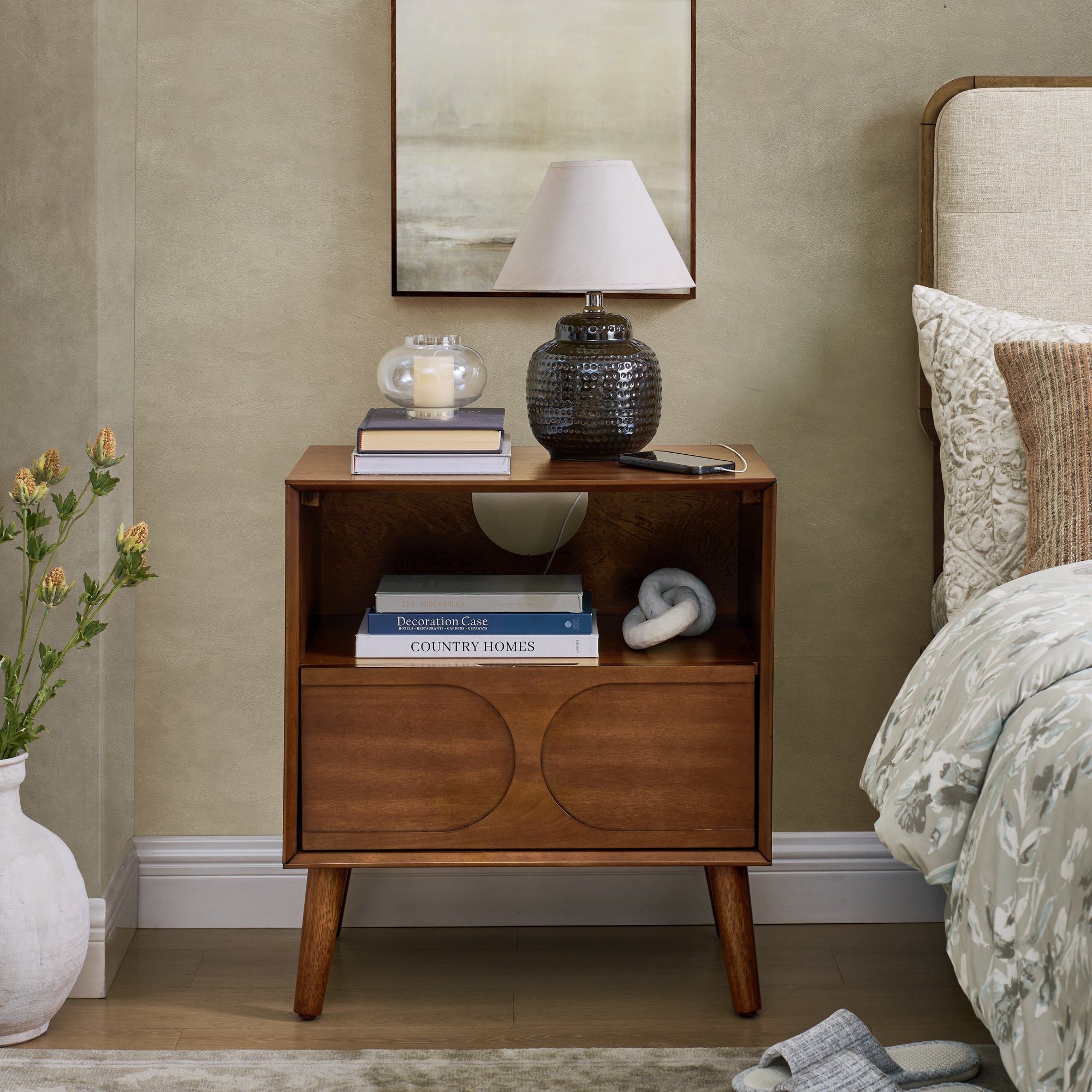 Mid Century Modern Fluted Nightstand with Charging Station USB Ports & Outlet Hole & 4 Solid Wood Legs, Farmhouse End Table with Open Space and Drawer Dresser, Walnut - Grand Goldman Shop