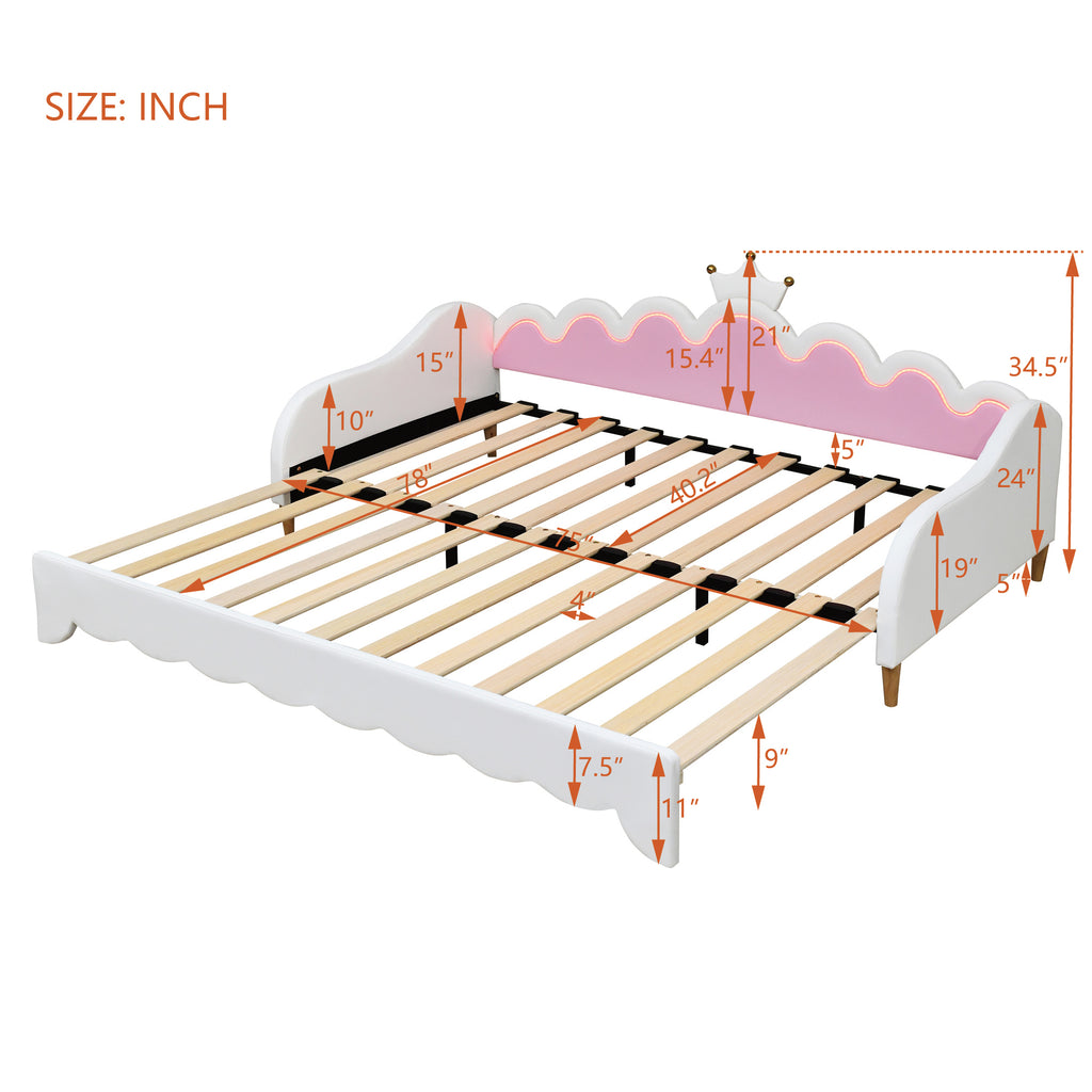 Twin Extending Daybed with LED Lights, Modern Upholstered Princess Daybed With Crown Headboard,White - Grand Goldman Shop